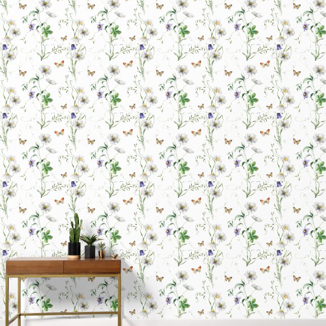 Wildflowers and Butterflies On White Wallpaper (Hallway)