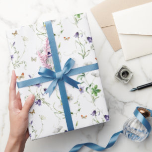 Wildflowers and Butterflies On White Wrapping Paper