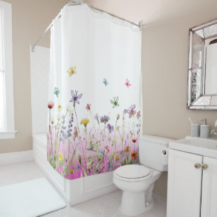 Wildflowers and butterflies pink gradient Shower Curtain