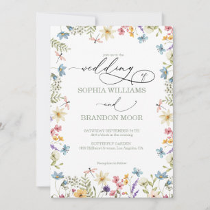 Wildflowers and Butterflys Modern Elegant Wedding Invitation