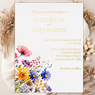 Wildflowers and Gold Foil Wedding Invitation