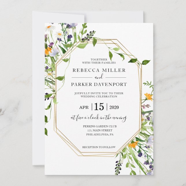 Wildflowers and Gold Geometric Wedding invitation (Front)