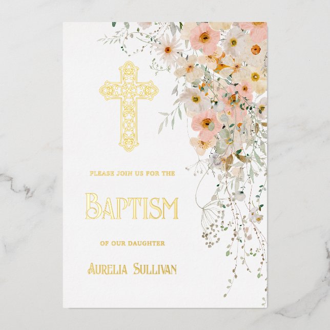 Wildflowers and Greenery Baptism Foil Invitation (Front)