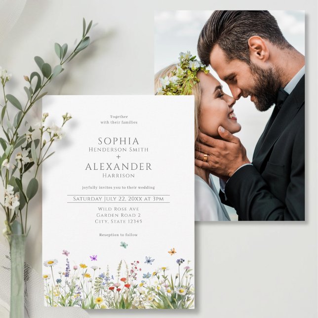 Wildflowers and Photo Wedding  Invitation (Wildflower and Photo Wedding  Invitation - front and back)