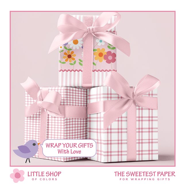 Wildflowers and Pink Stripes Birthday Wrapping Paper Sheet (Creator Uploaded)