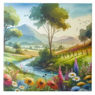 Wildflowers and Stream in Spring Valley Ceramic Tile