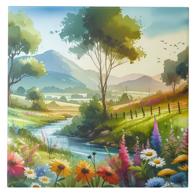 Wildflowers and Stream in Spring Valley Ceramic Tile (Front)