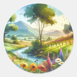 Wildflowers and Stream in Spring Valley Classic Round Sticker