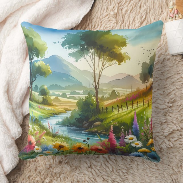 Wildflowers and Stream in Spring Valley Cushion (Blanket)