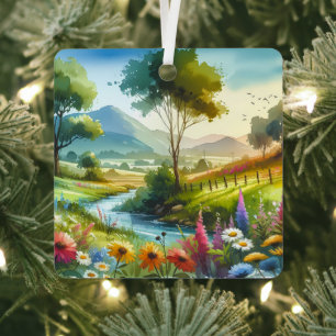 Wildflowers and Stream in Spring Valley Metal Tree Decoration