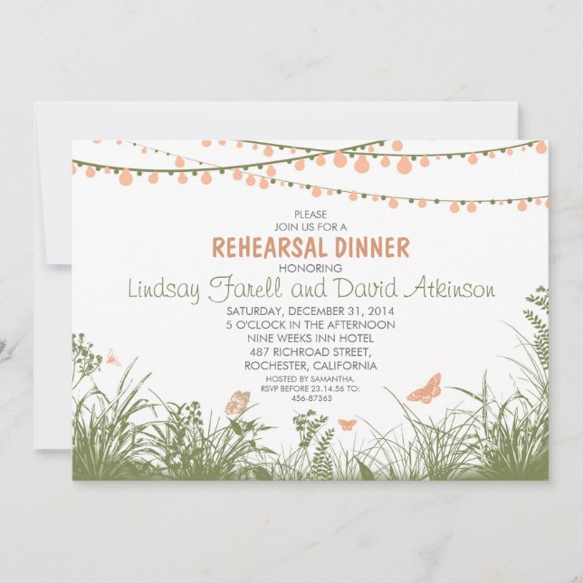 wildflowers and string lights rehearsal dinner invitation (Front)