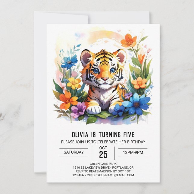 Wildflowers and Tiger Boy Birthday Invitation (Front)