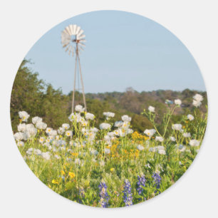 Wildflowers And Windmill In Texas Hill Country Classic Round Sticker