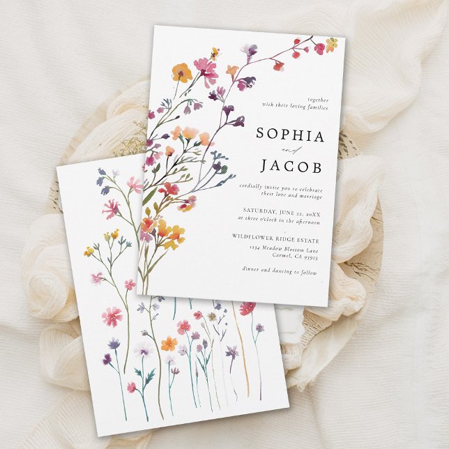Wildflowers Arch Happy Colourful Modern Wedding Invitation (wildflower wedding theme colorful arch invitation garden outdoors meadow forest spring summer fall)