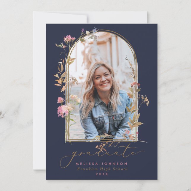 Wildflowers Arch Navy Photo Graduation Announcement (Front)