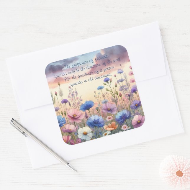 Wildflowers at Dusk & Quote Square Sticker (Envelope)
