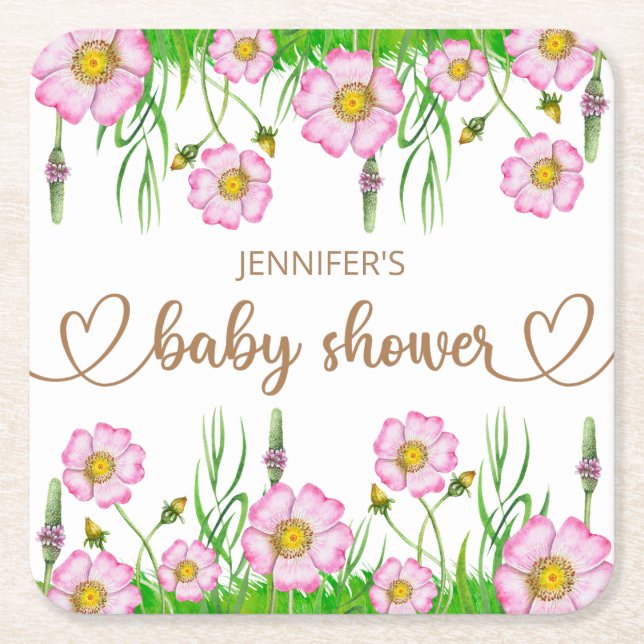 Wildflowers baby in bloom baby shower square paper coaster (Front)
