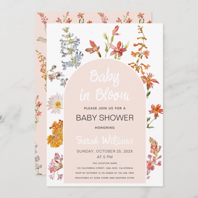 Wildflowers Baby in Bloom Pink Arch Girl Shower Invitation (Front/Back)