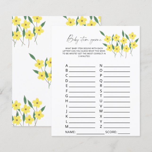 Wildflowers Baby Item Game. Baby Shower Game (Front/Back)