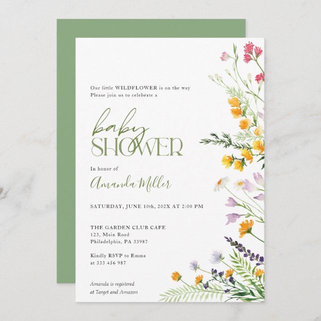 Wildflowers Baby Shower floral invitation (Front/Back)