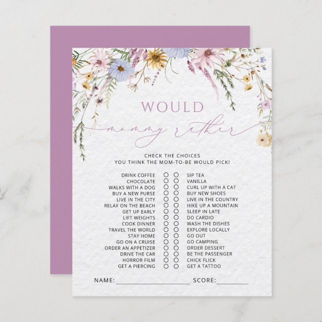 Wildflowers Baby Shower Game (Front/Back)