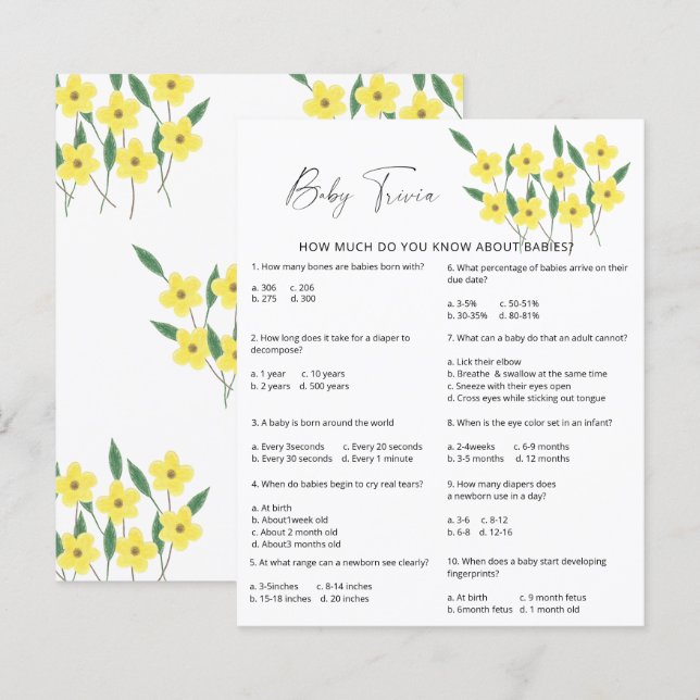 Wildflowers Baby Trivia | Baby Shower Game (Front/Back)