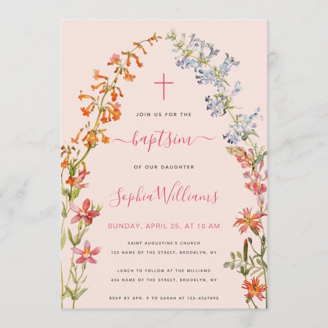 Wildflowers Baptism Pink Floral Watercolor Girl  Invitation (Front)