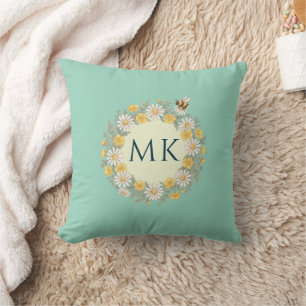 Wildflowers Bee Monogram Teal Cushion