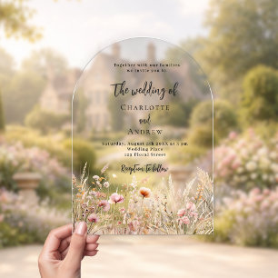 Wildflowers beige cream pink clear wedding arch acrylic invitations