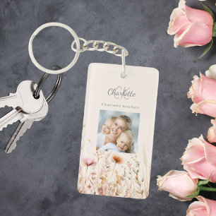 Wildflowers beige photo monogram key ring