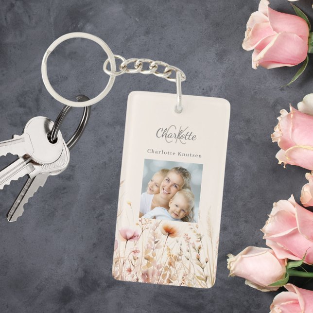 Wildflowers beige photo monogram key ring (Creator Uploaded)