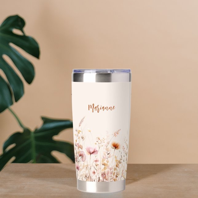 Wildflowers beige pink custom name script insulated tumbler (Creator Uploaded)
