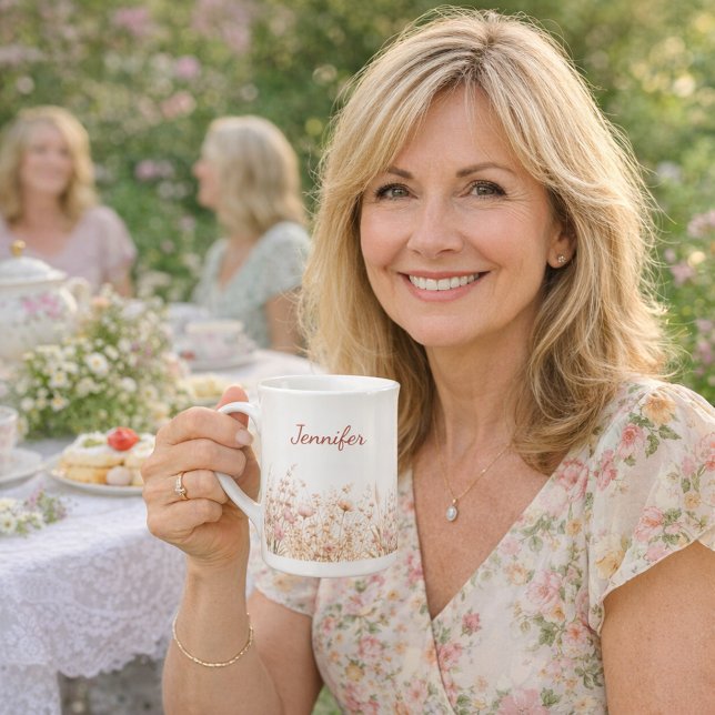 Wildflowers beige pink name bone china mug (Creator Uploaded)