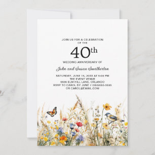 Wildflowers Birds Butterflies 40th Anniversary Invitation