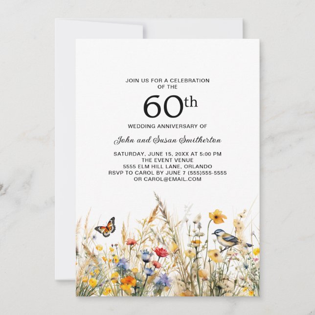 Wildflowers Birds Butterflies 60th Anniversary Invitation (Front)