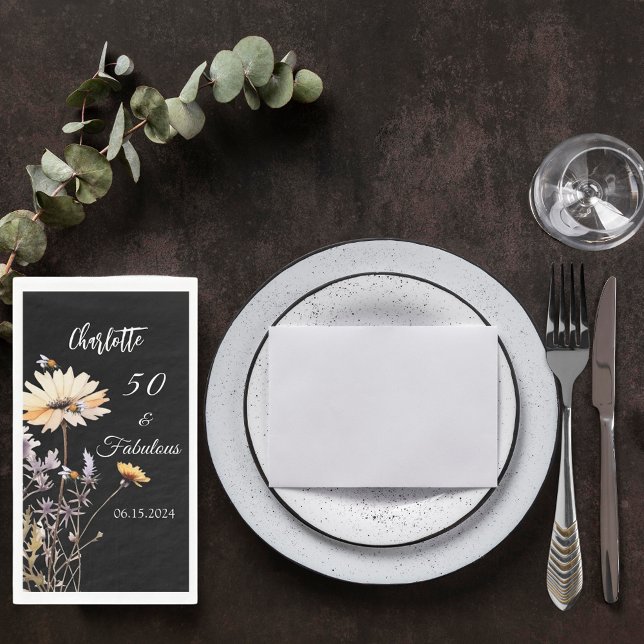 Wildflowers black 50 fabulous birthday napkin (Creator Uploaded)