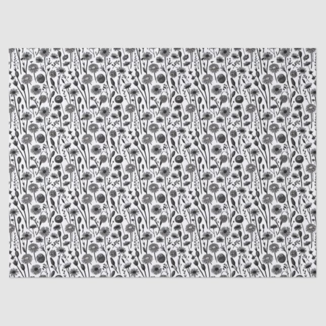 Wildflowers Black and White Minimalist Pattern Tissue Paper (Front)