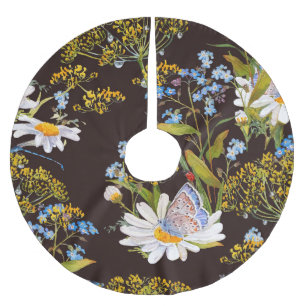 Wildflowers: black background watercolor brushed polyester tree skirt