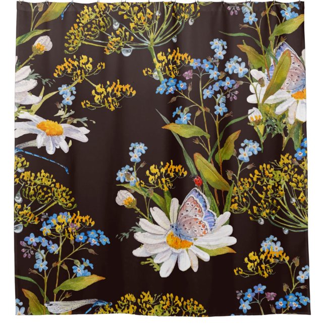 Wildflowers: black background watercolor shower curtain (Front)