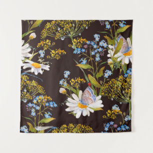 Wildflowers: black background watercolor tapestry