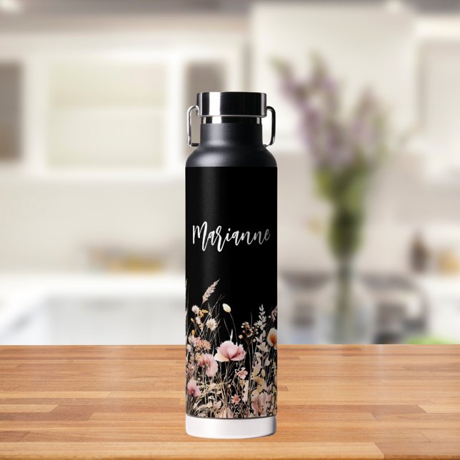 Wildflowers black beige custom name script water bottle (Creator Uploaded)