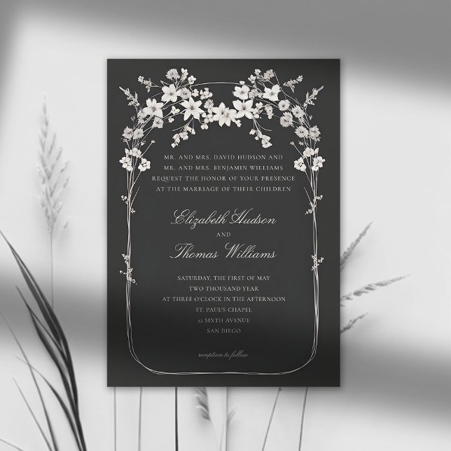 Wildflowers Black Boho Arch Formal Script Wedding Invitation (wildflowers wedding invitation black and white boho arch formal elegant modern classic script)