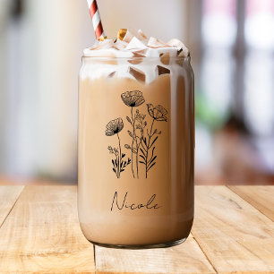 Wildflowers black hand-drawing custom name  can glass