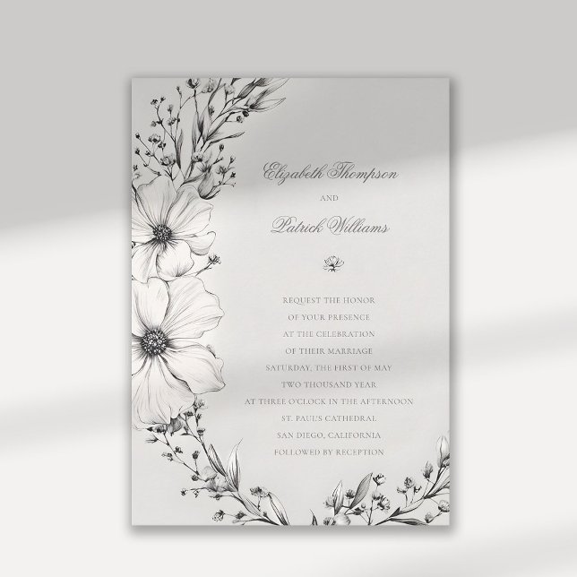 Wildflowers Black Ivory Formal Elegant Wedding Invitation (wildflowers wedding invitation black and white formal elegant traditional calligraphy floral wreath)