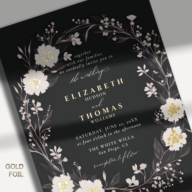 Wildflowers Black White Bold Gold Elegant Wedding (wildflowers wedding invitation black white floral wreath formal elegant modern romantic boho gold)