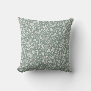 Wildflowers block print - sage green cushion