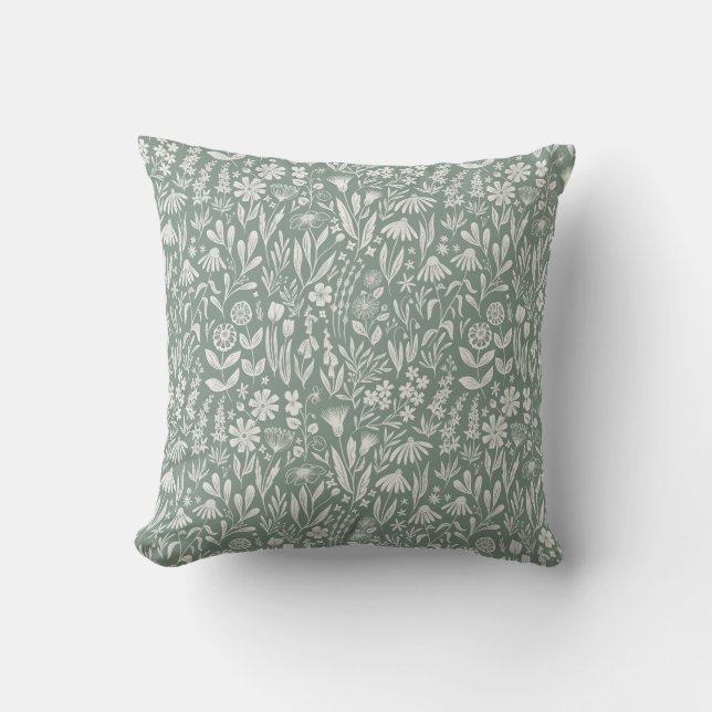 Wildflowers block print - sage green cushion (Front)