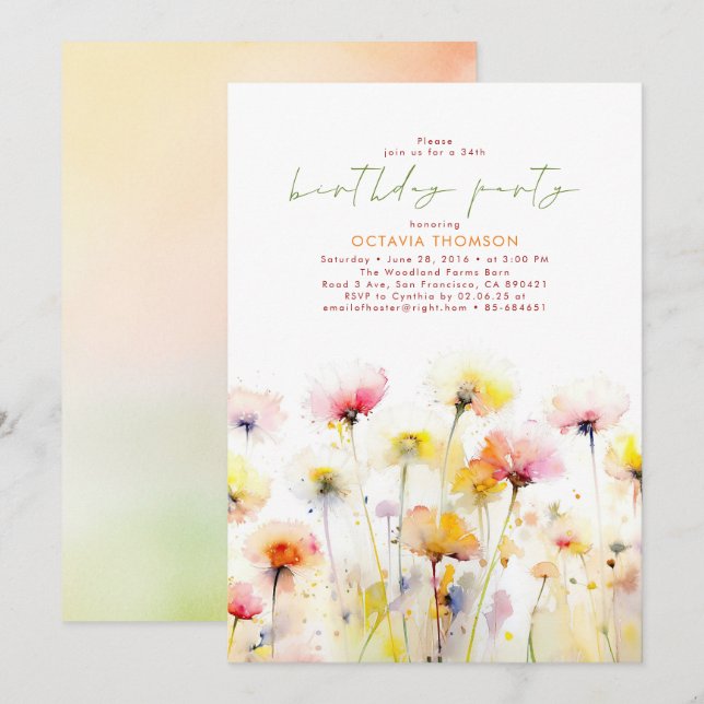 Wildflowers Blooms Elegant Boho Birthday Party Invitation (Front/Back)