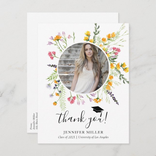 Wildflowers blooms Graduation Thank You Photo Announcement Postcard (Front/Back)