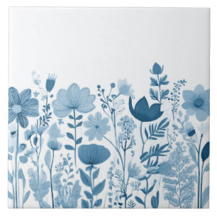 Wildflowers - Blue and White Floral Flowers Ceramic Tile
